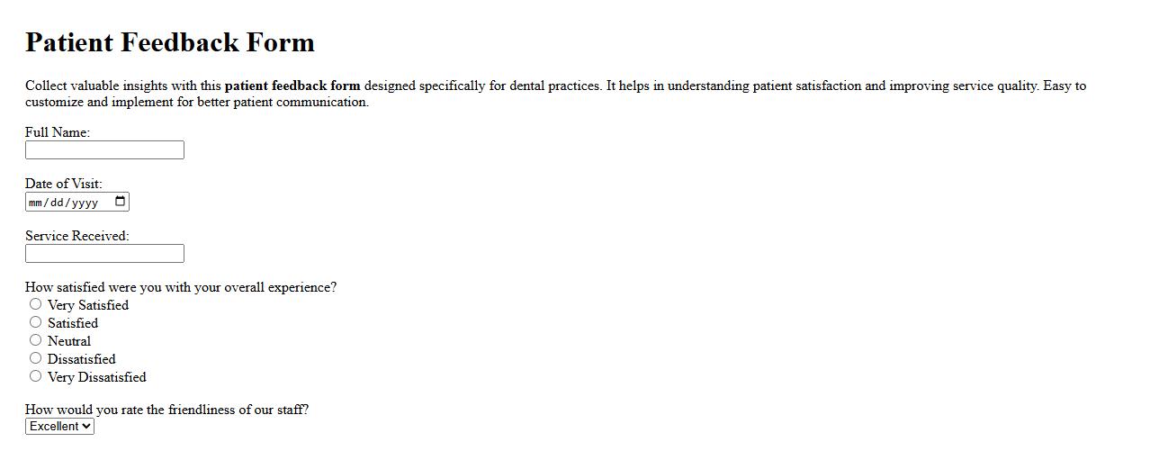 Patient feedback form sample for dental practice image preview