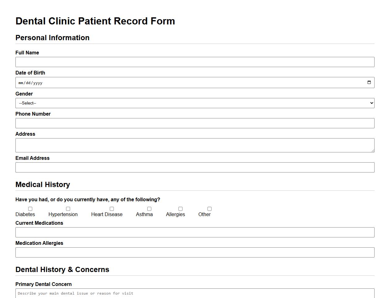 patient record form sample for dental clinic image preview