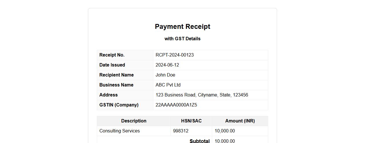 Payment receipt with GST details image preview