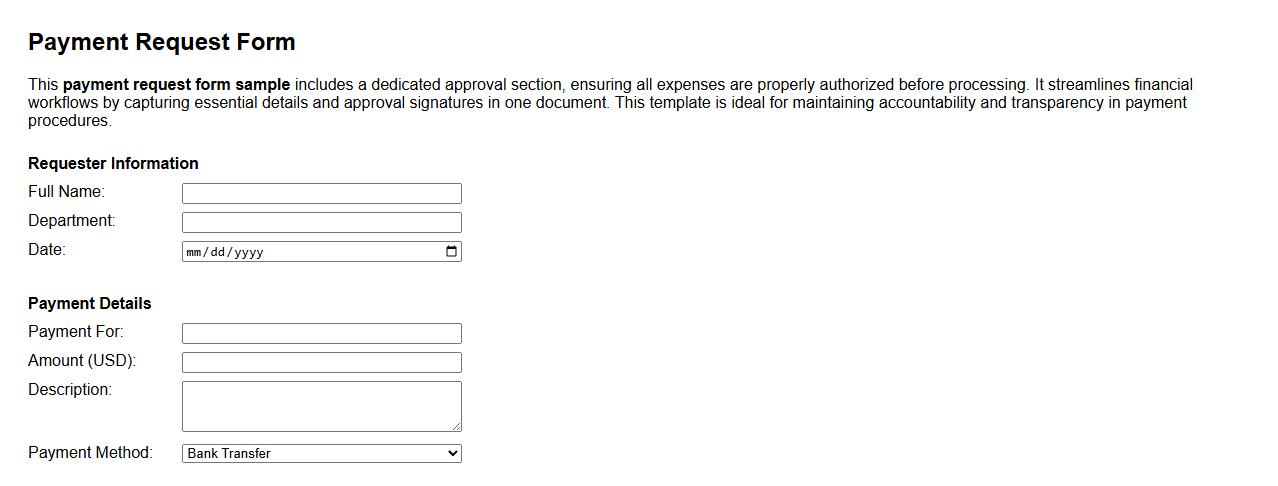 payment request form sample with approval section image preview