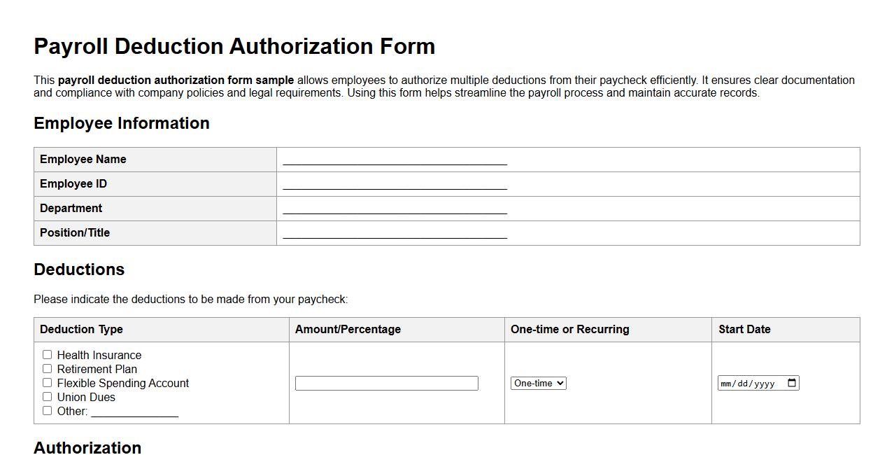 Payroll deduction authorization form sample with multiple deductions image preview