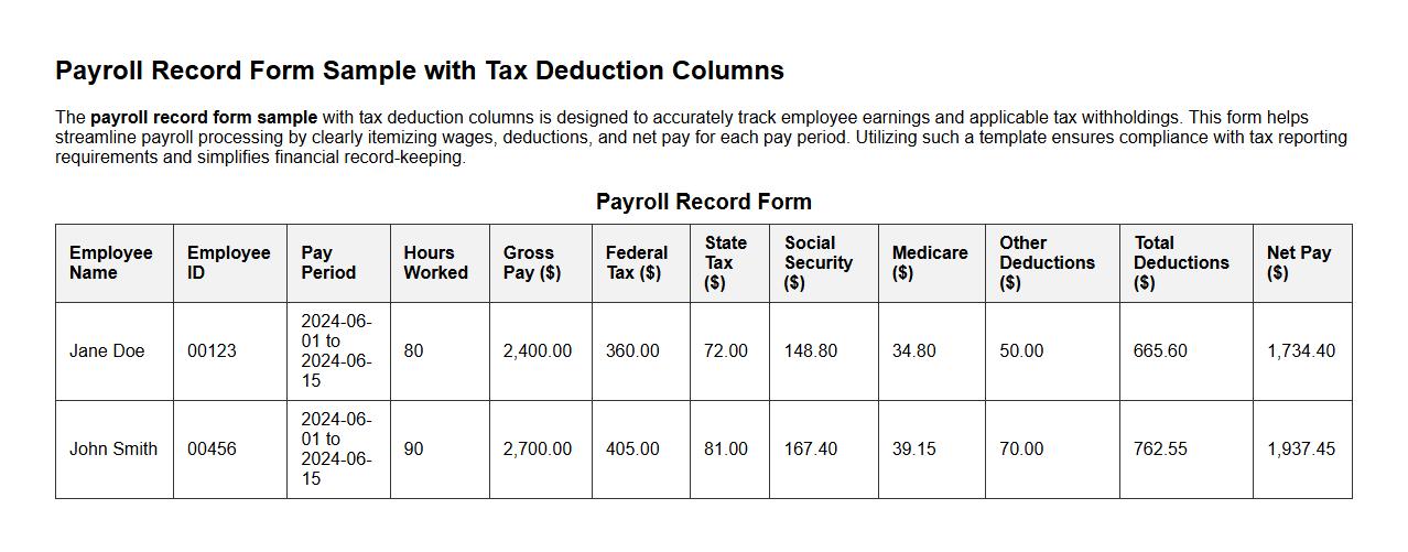 payroll record form sample with tax deduction columns image preview