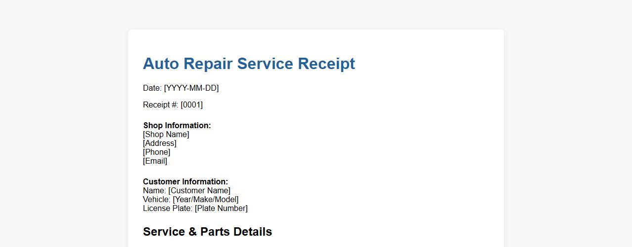 PDF auto repair service receipt template image preview