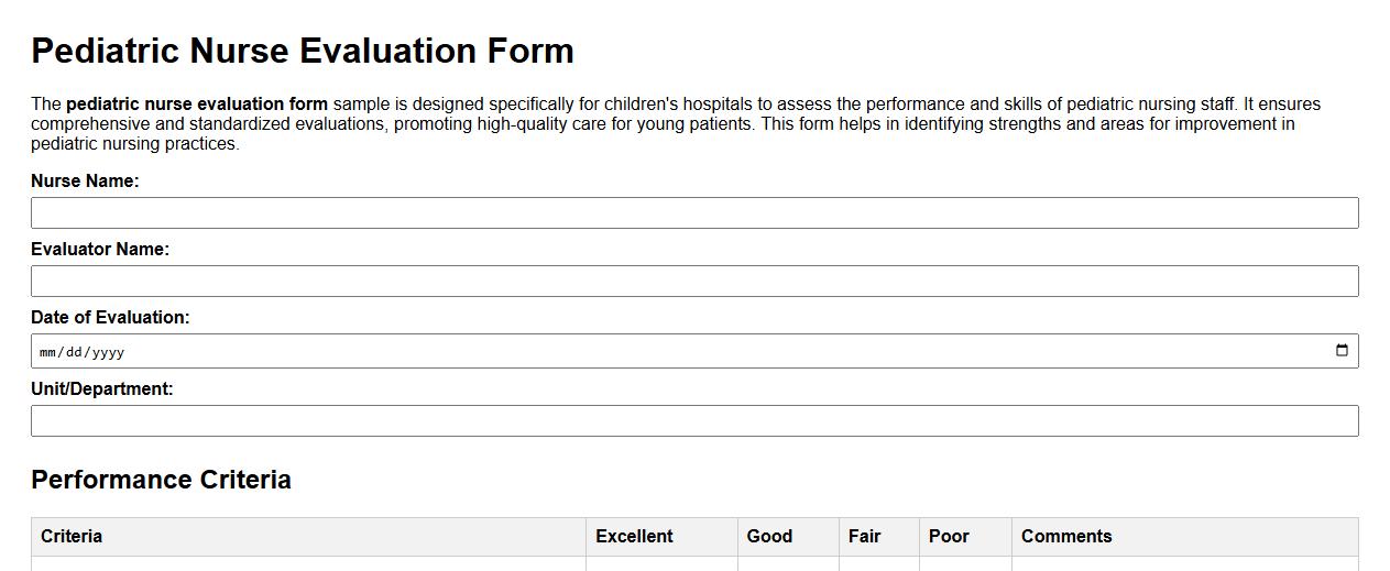 Pediatric nurse evaluation form sample for children’s hospitals image preview