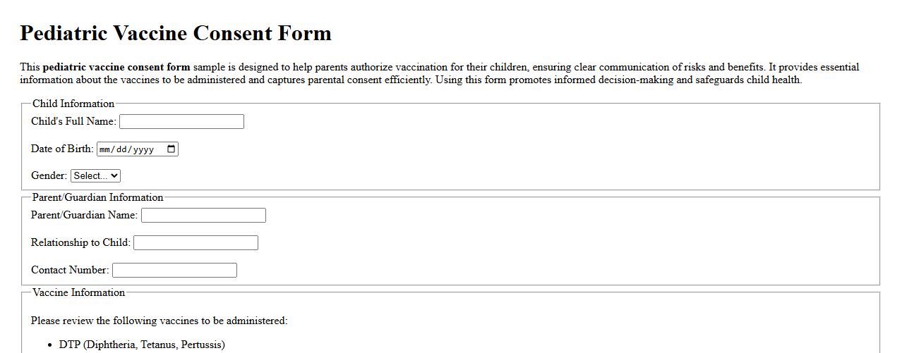 Pediatric vaccine consent form sample for parents image preview