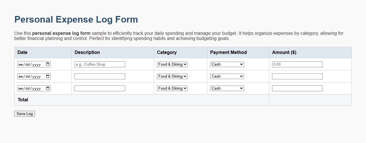 personal expense log form sample for budgeting image preview