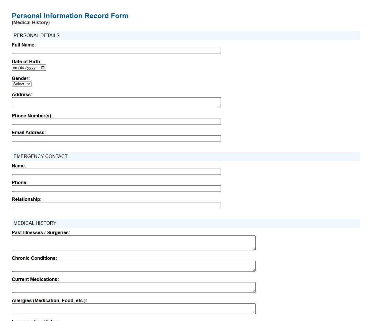 personal information record form sample for medical history image preview
