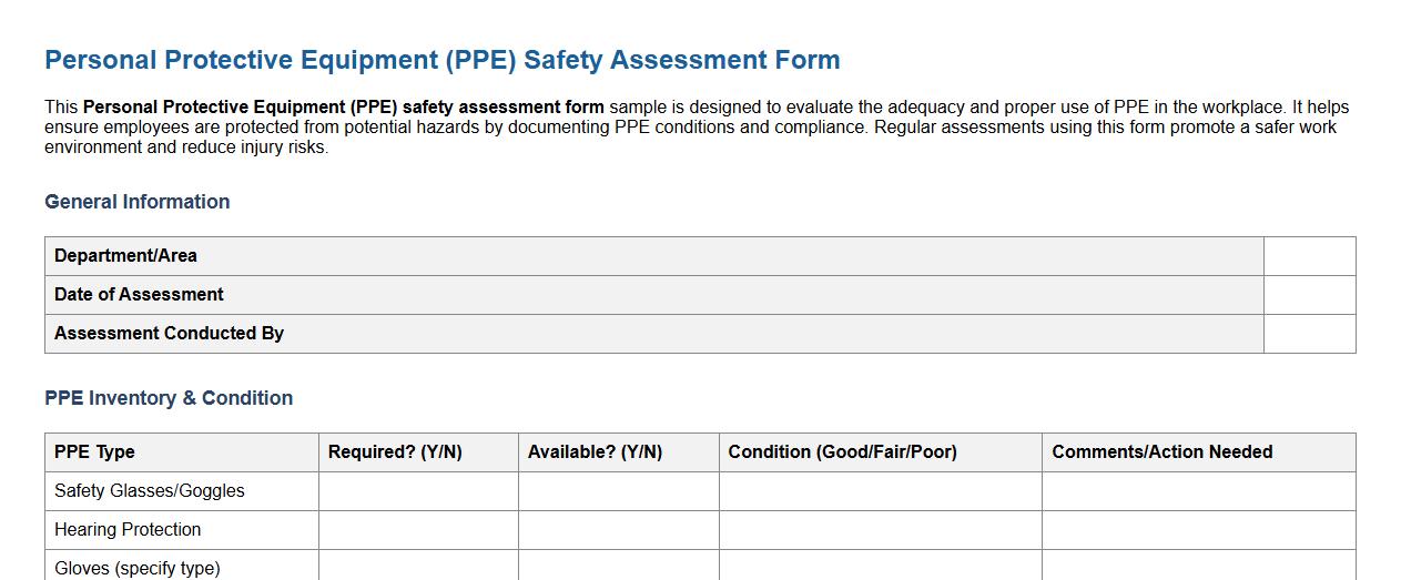 Personal protective equipment safety assessment form sample image preview