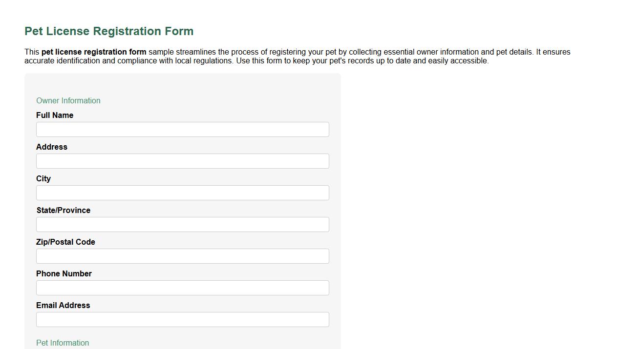 pet license registration form sample including owner information image preview