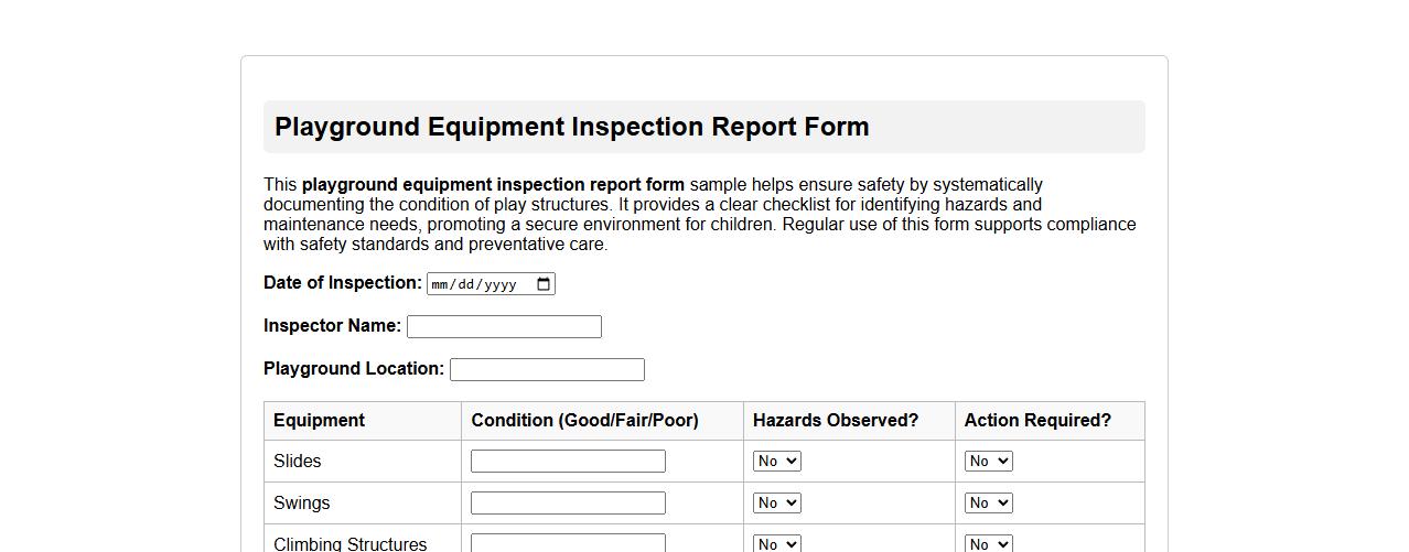 Playground equipment inspection report form sample image preview