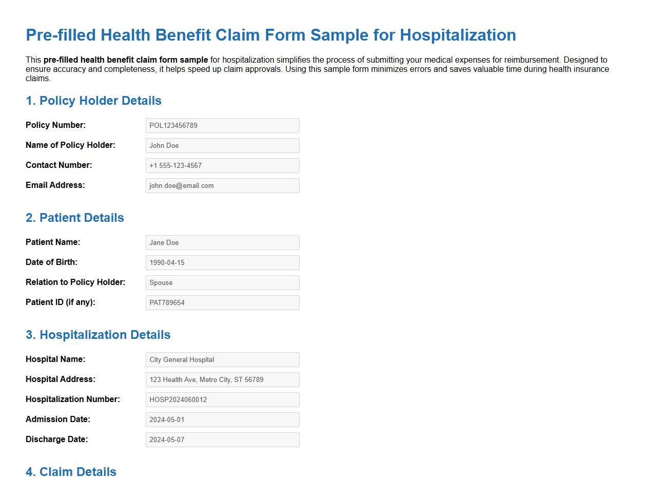 pre-filled health benefit claim form sample for hospitalization image preview