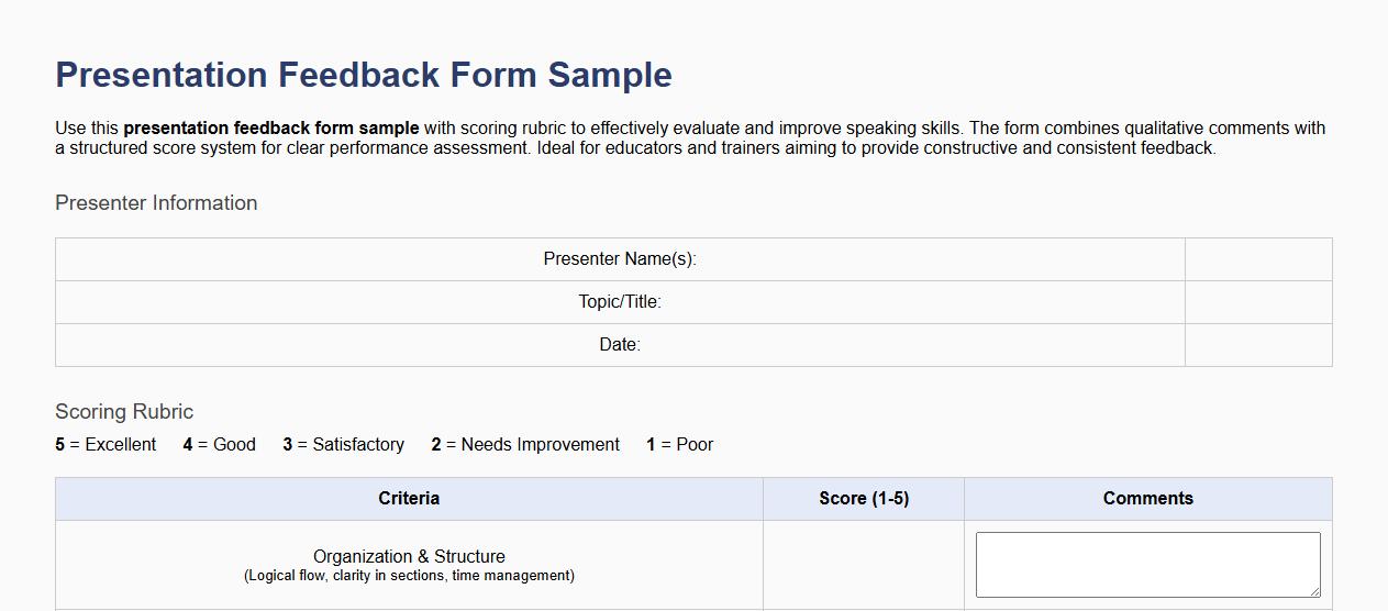Presentation feedback form sample with scoring rubric image preview