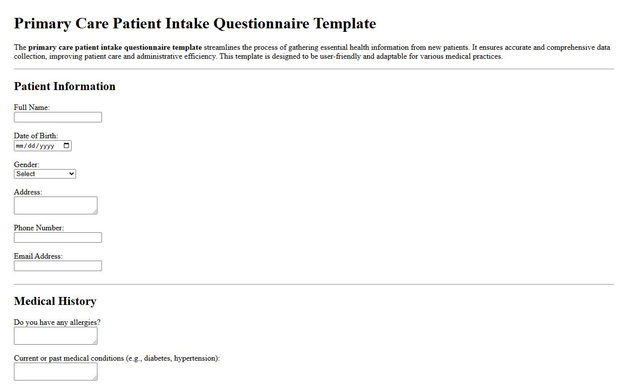 Primary care patient intake questionnaire template image preview