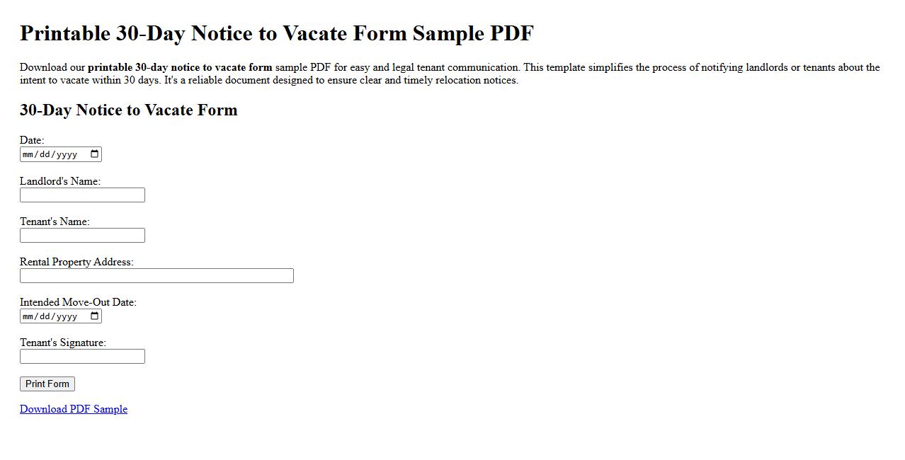 Printable 30-day notice to vacate form sample PDF image preview