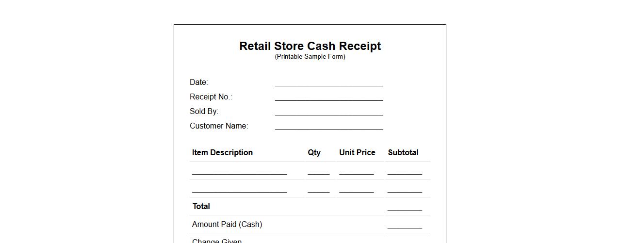 printable cash receipt form sample for retail store image preview