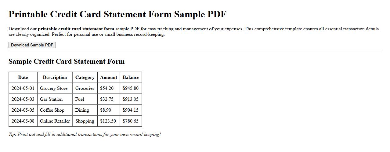 printable credit card statement form sample PDF image preview