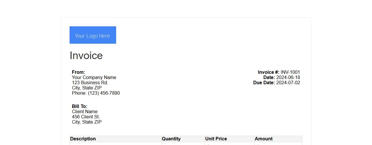Printable custom invoice form sample with logo image preview
