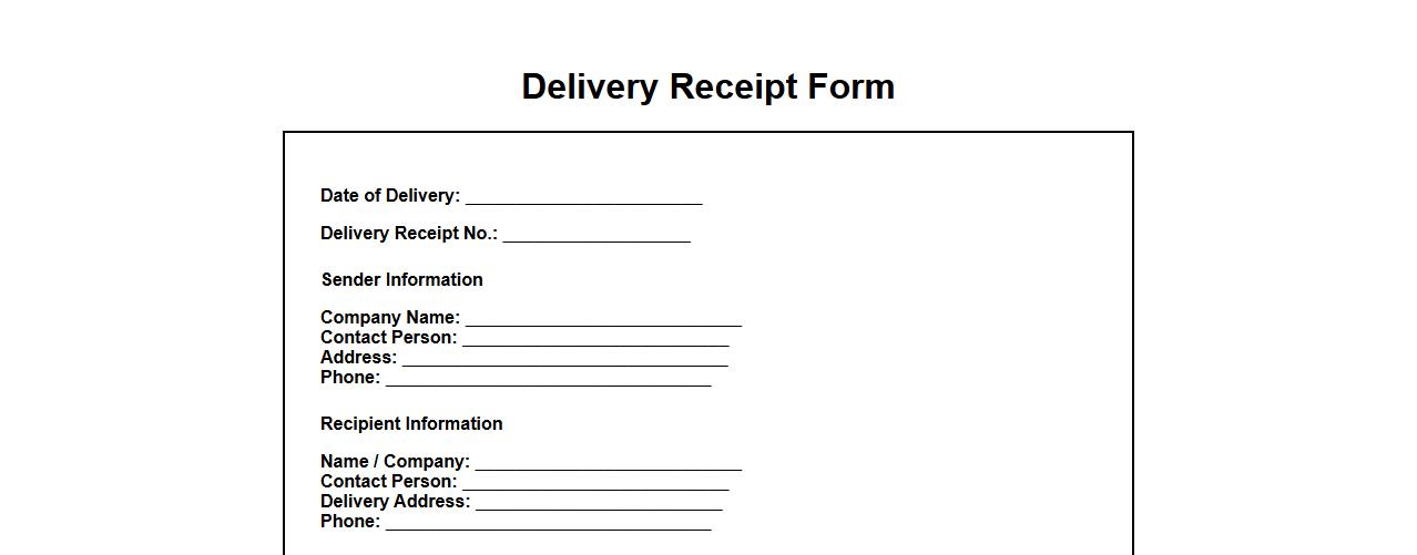 printable delivery receipt form template PDF image preview