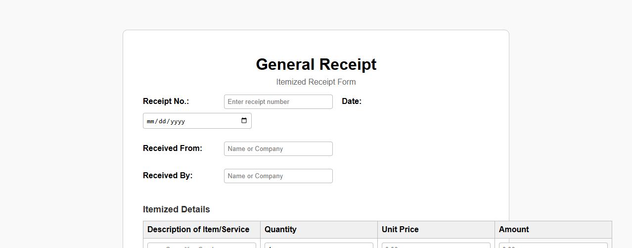 printable general receipt form sample with itemized details image preview