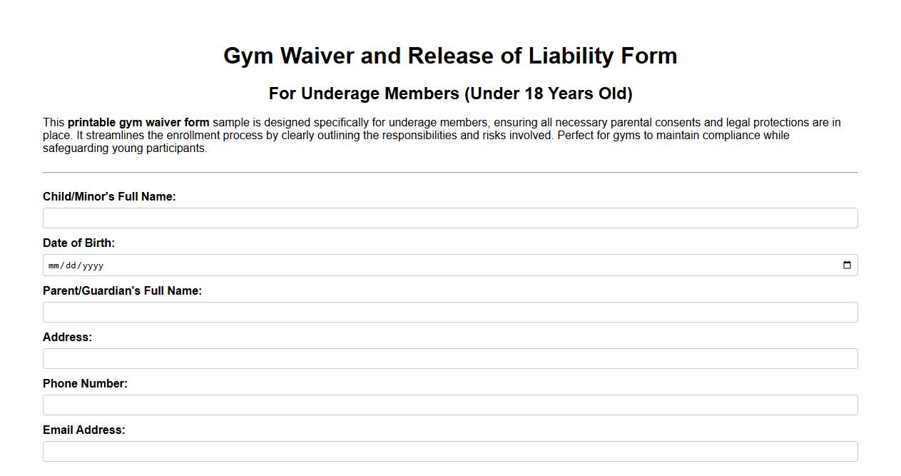 Printable gym waiver form sample for underage members image preview