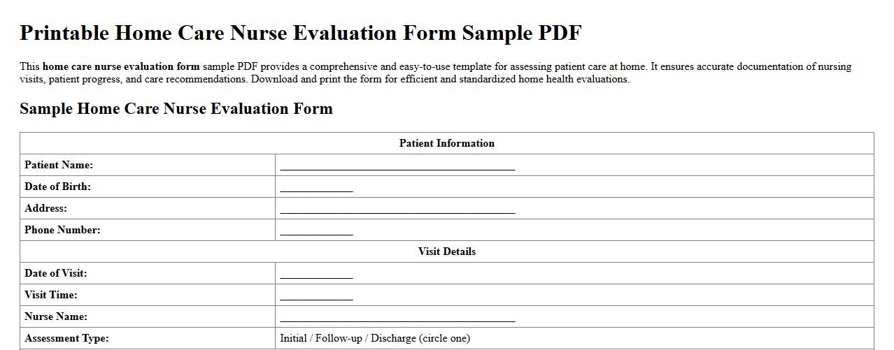 Printable home care nurse evaluation form sample PDF image preview