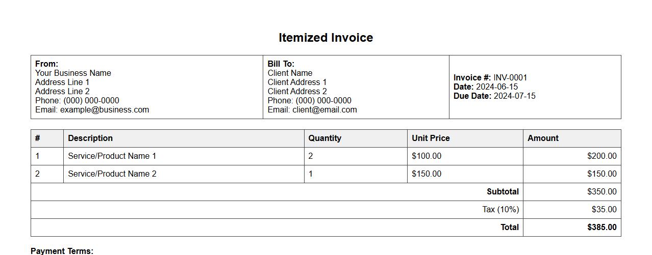 printable itemized invoice form sample with payment terms image preview