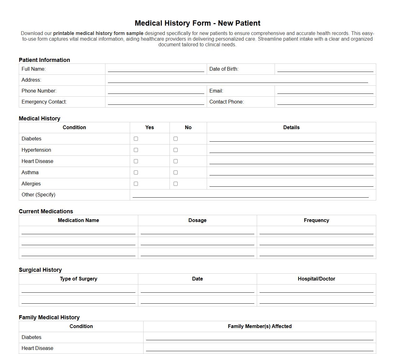 printable medical history form sample for new patients image preview