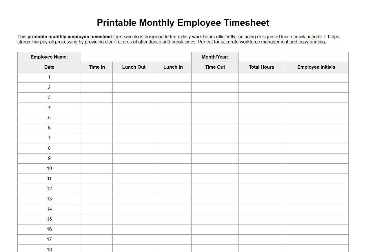 Printable monthly employee timesheet form sample with lunch break image preview