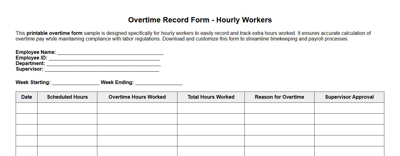 printable overtime form sample for hourly workers image preview