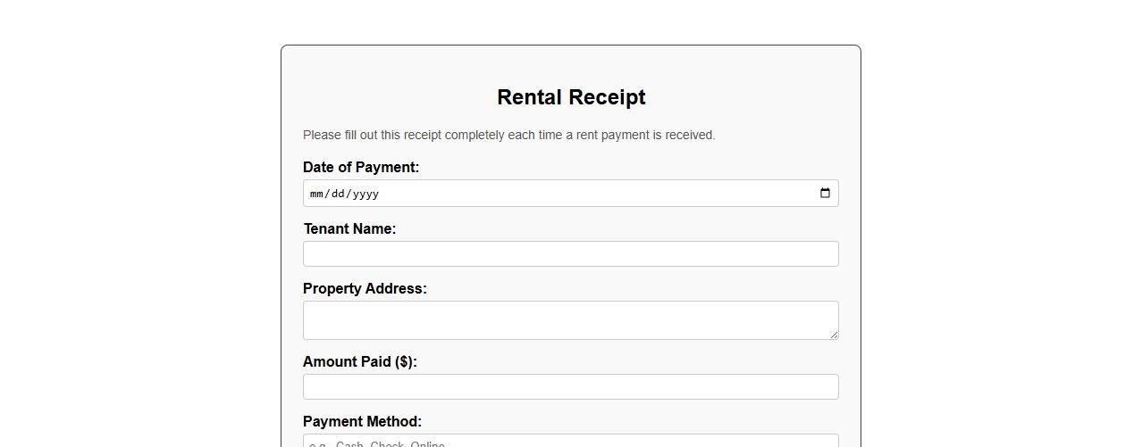 Printable rental receipt form sample for landlords image preview