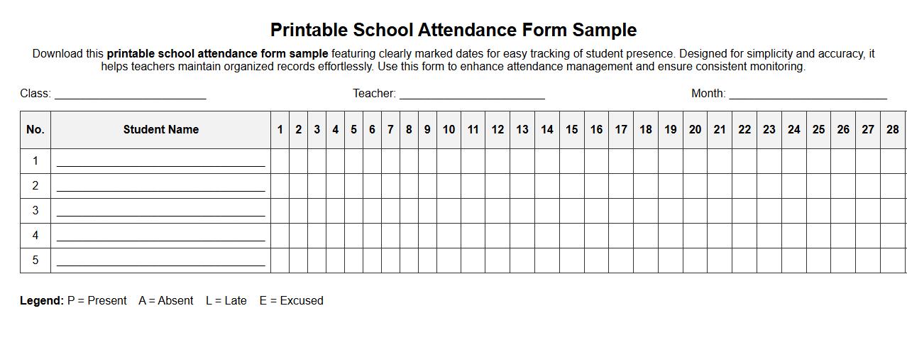 Printable school attendance form sample with dates image preview