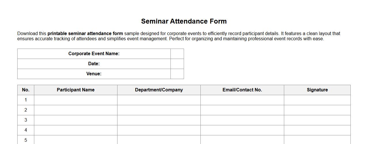 printable seminar attendance form sample for corporate events image preview