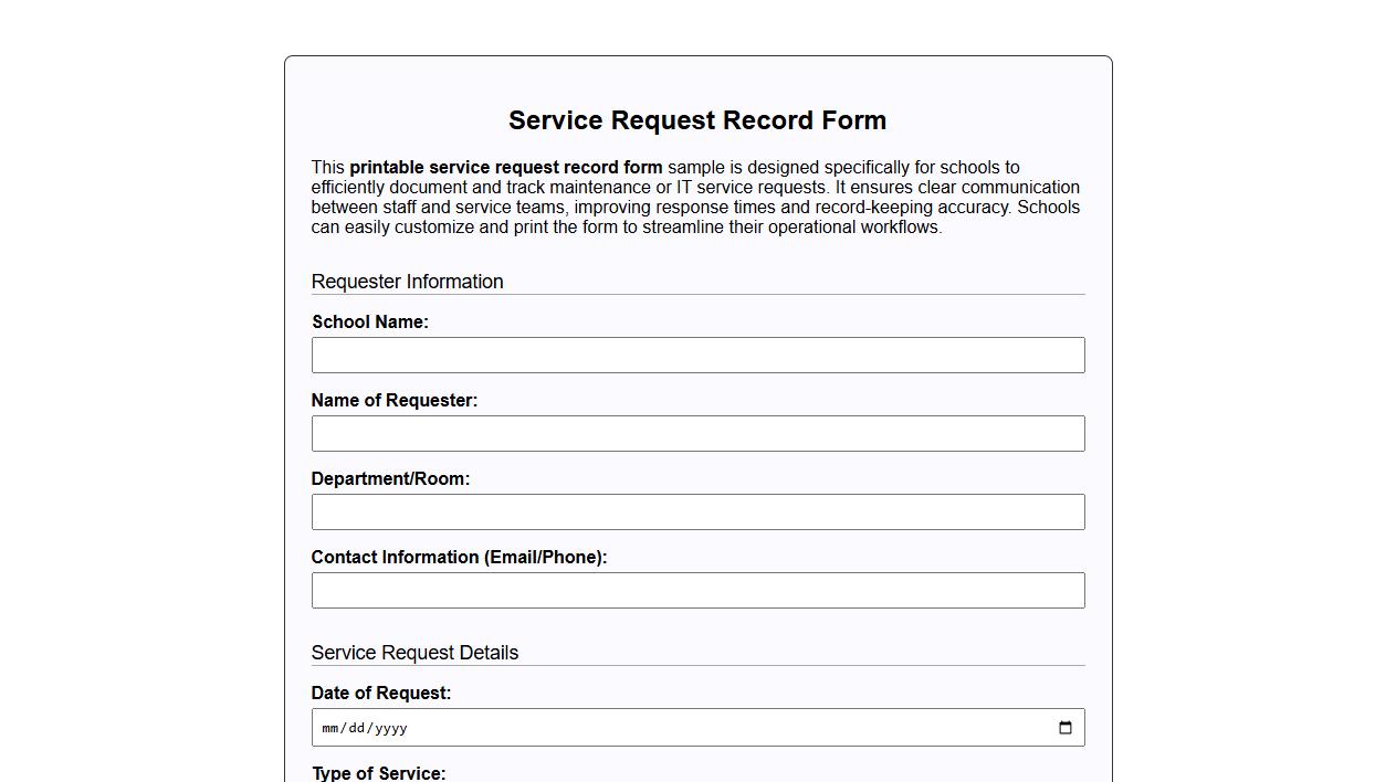 printable service request record form sample for schools image preview