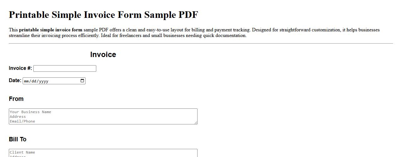 Printable simple invoice form sample PDF image preview
