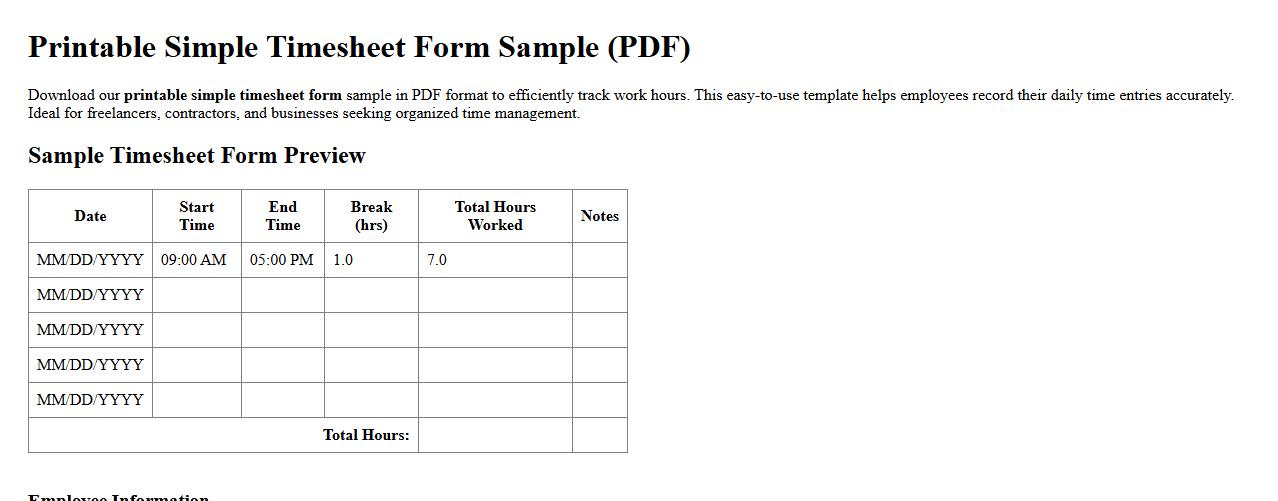 printable simple timesheet form sample PDF image preview