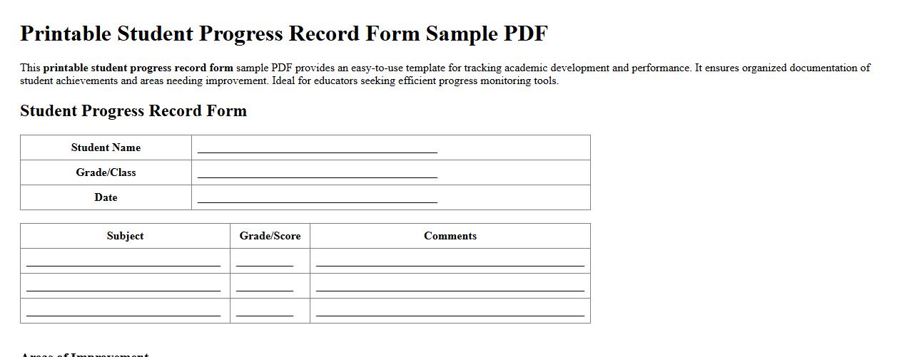 Printable student progress record form sample PDF image preview