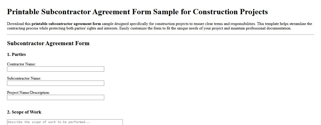 Printable subcontractor agreement form sample for construction projects image preview