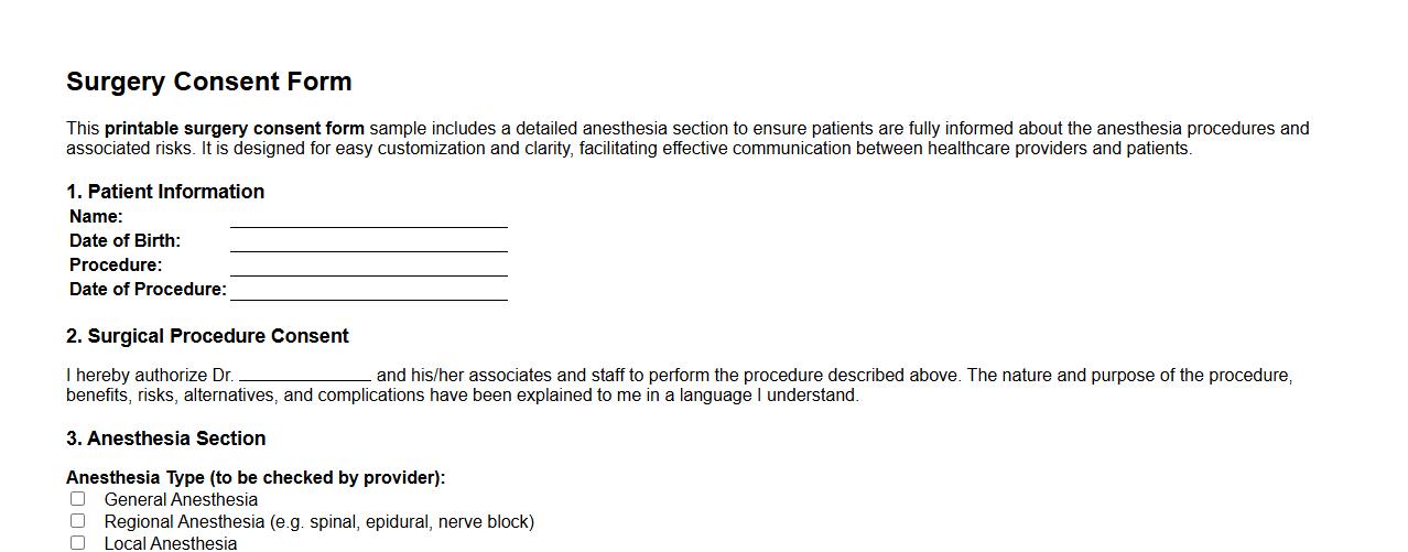 printable surgery consent form sample with anesthesia section image preview