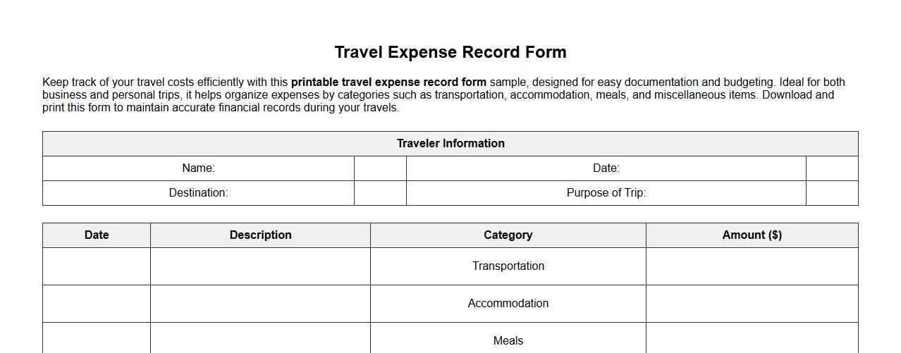 printable travel expense record form sample image preview