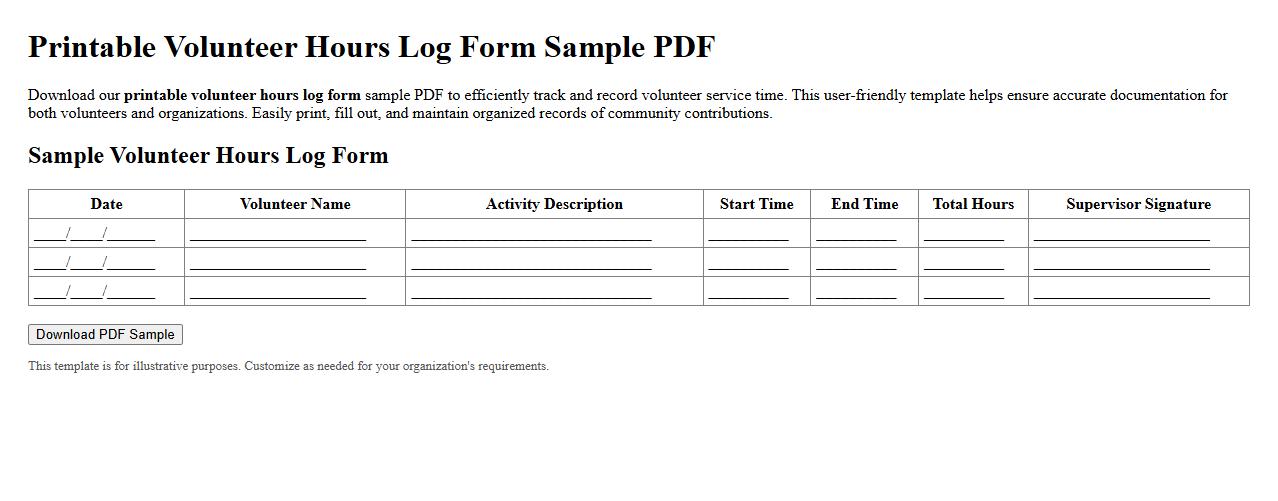 Printable volunteer hours log form sample PDF image preview
