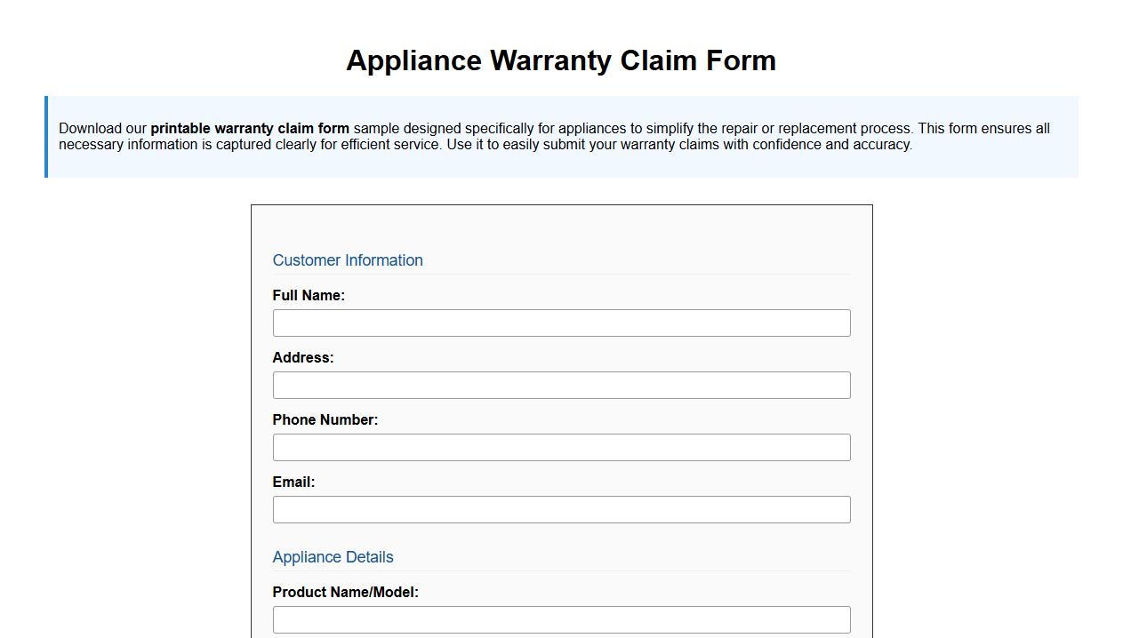 Printable warranty claim form sample for appliances image preview