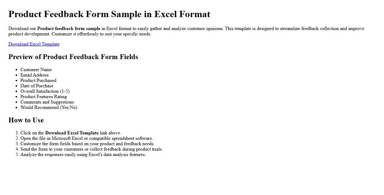 Product feedback form sample in Excel format image preview