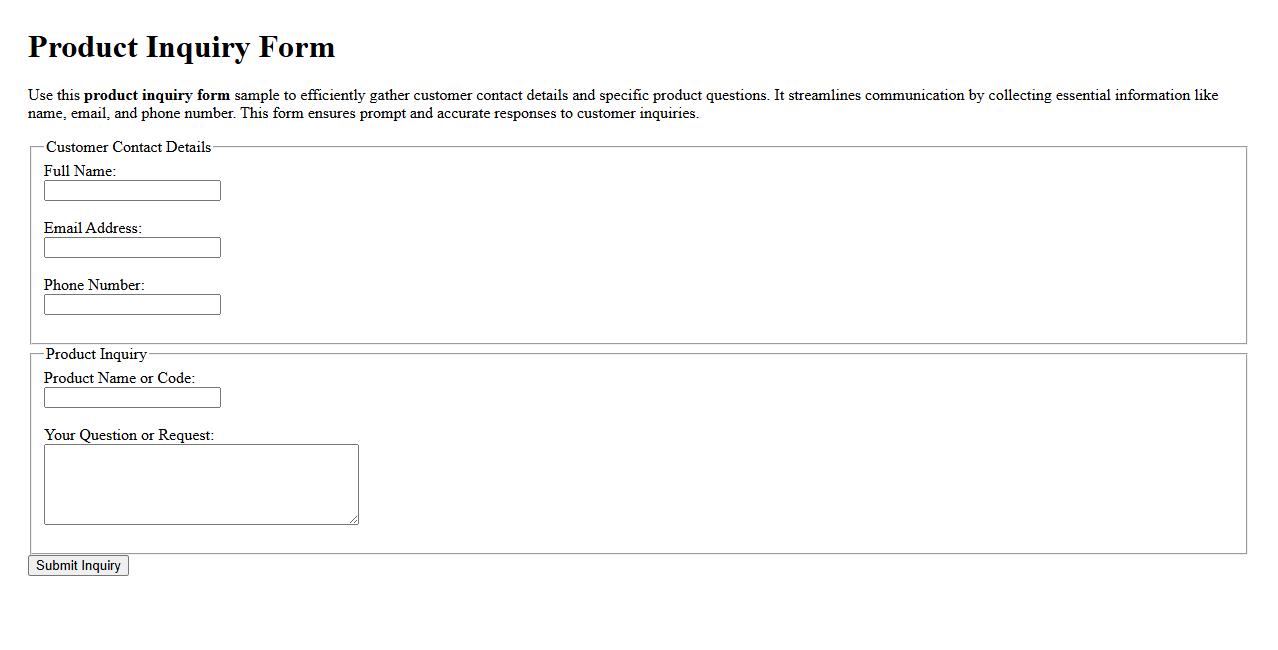 product inquiry form sample with customer contact fields image preview