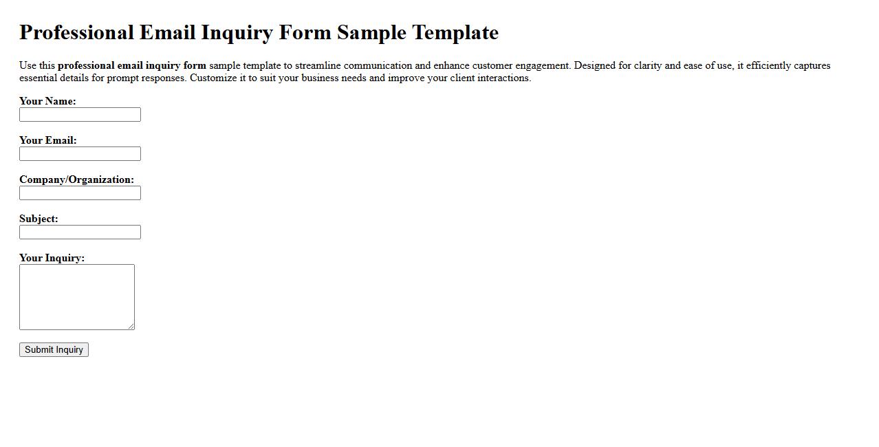 Professional email inquiry form sample template image preview