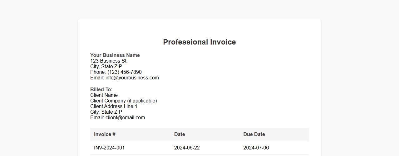 professional invoice form sample for small business services image preview