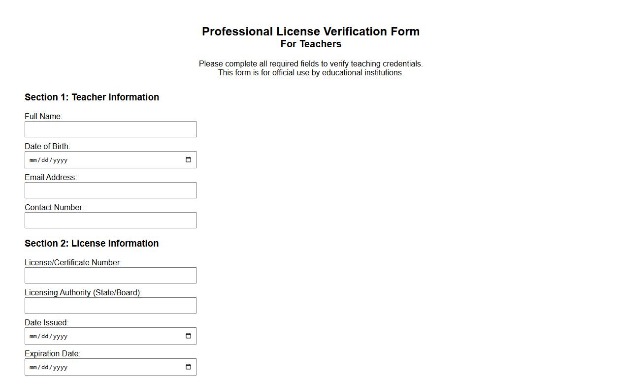 professional license verification form sample for teachers image preview