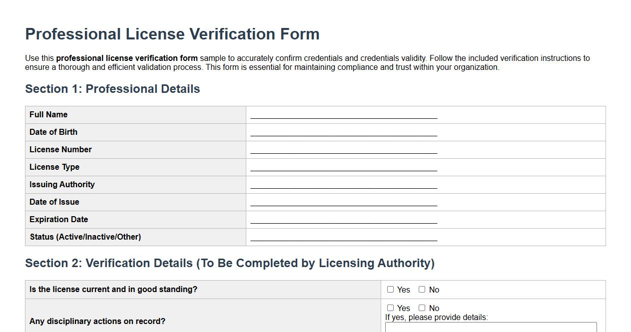 professional license verification form sample with verification instructions image preview