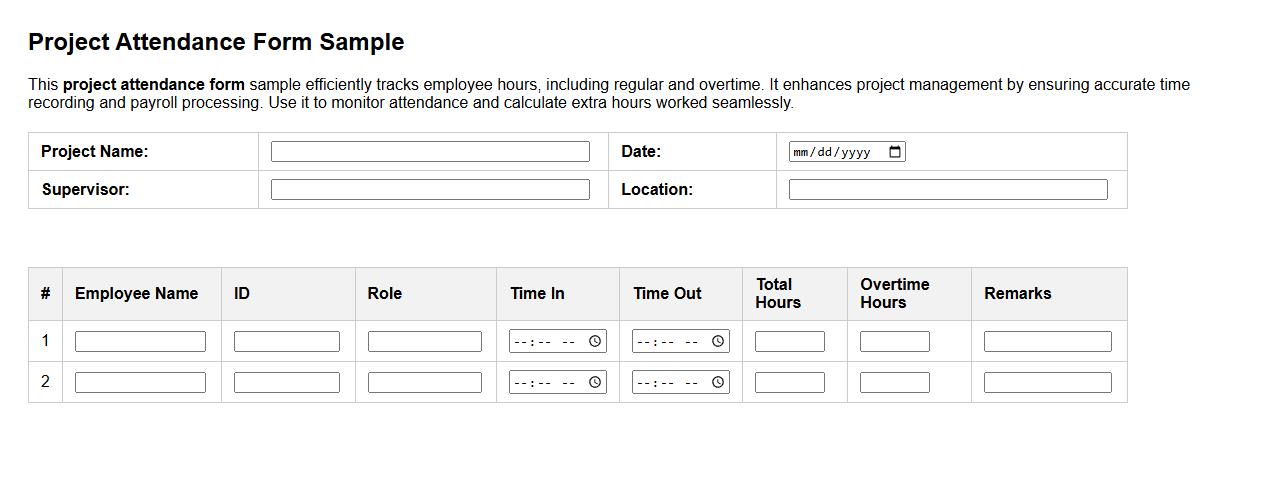 project attendance form sample including overtime hours image preview