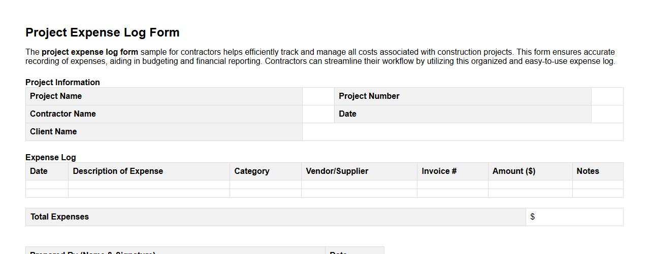 project expense log form sample for contractors image preview