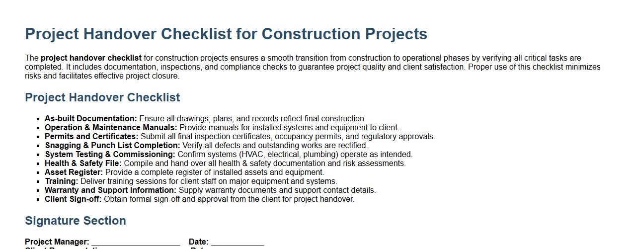 Project handover checklist for construction projects image preview